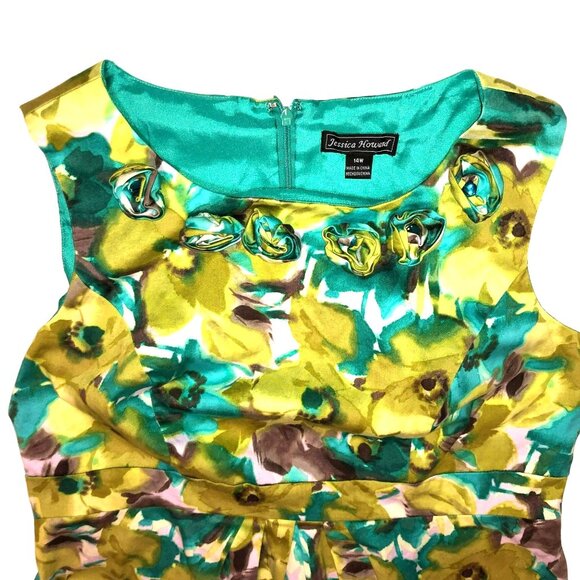 GREEN FLORAL PARTY DRESS SIZE 14 3D ROSE ACCENTS JESSICA HOWARD KNEE LENGTH - Picture 2 of 4